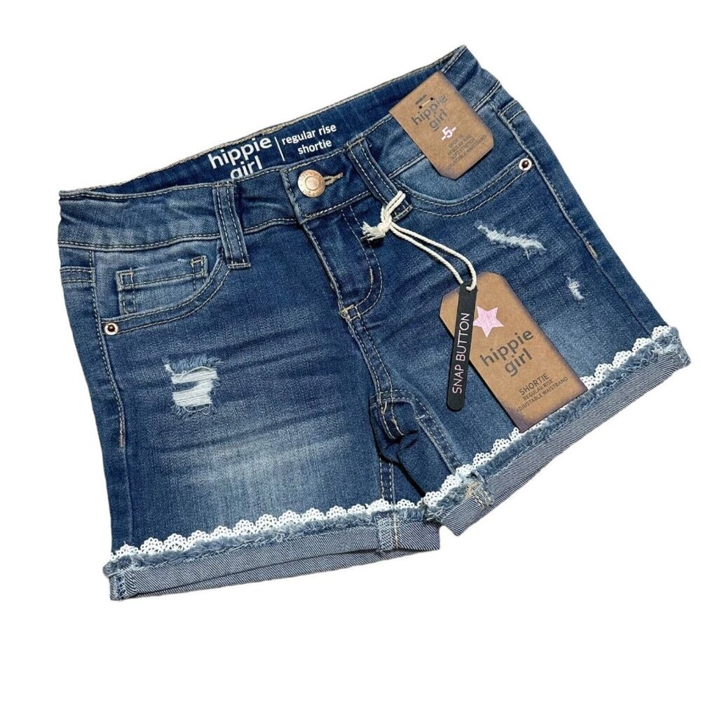 Hippie‎ Girl Girl’s Size 5 Shortie Reg-Rise Stretch Lace Trim Jean Shorts NWT